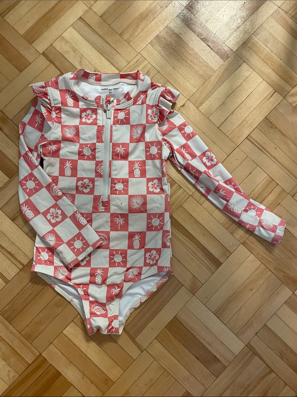 Pink and White Checkerboard Rash Guard One-Piece Swimsuit